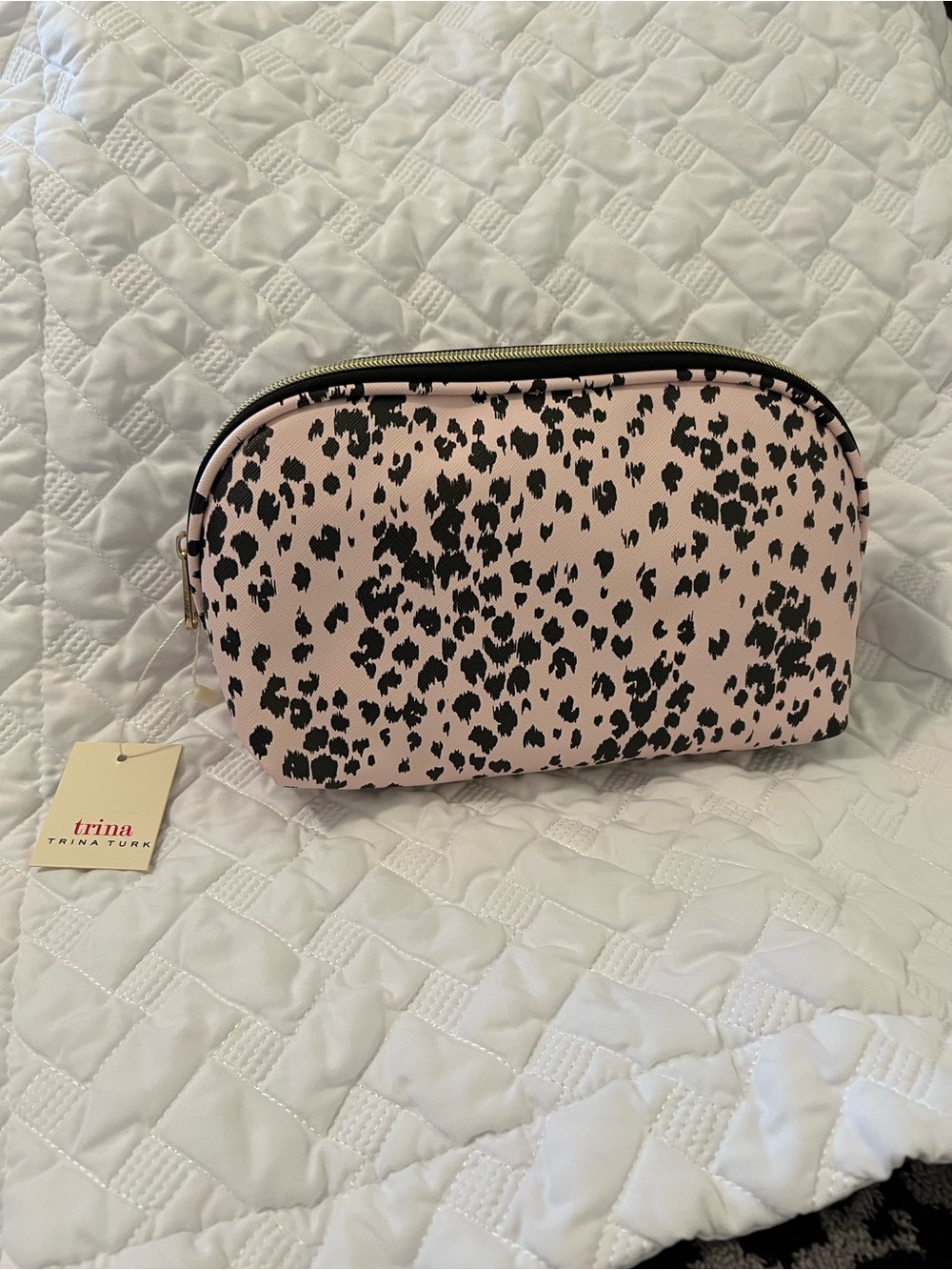 Trina Turk Blush Pink Cosmetic Bag with Black Spot Print